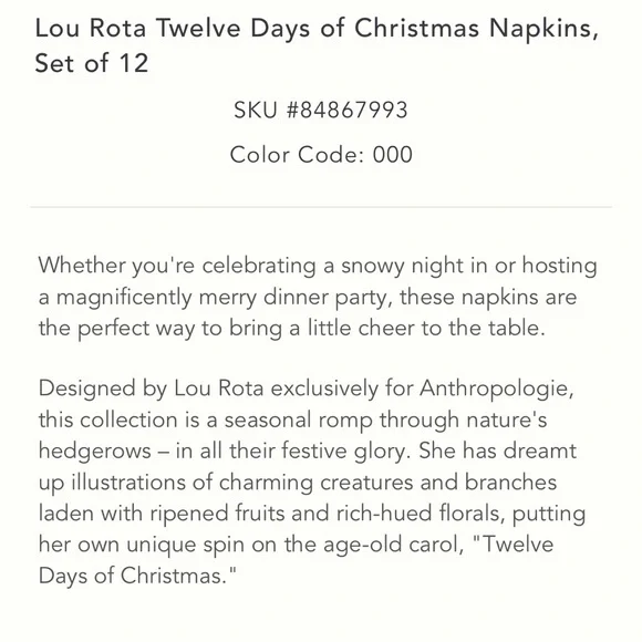 2023 Lou Rota twelve Days of Christmas napkin set of 12 - Picture 7 of 14